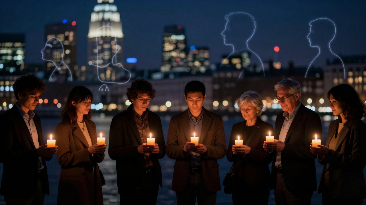 Silhouetted Londoners hold candles at night, symbolizing their search for human connection in the city.