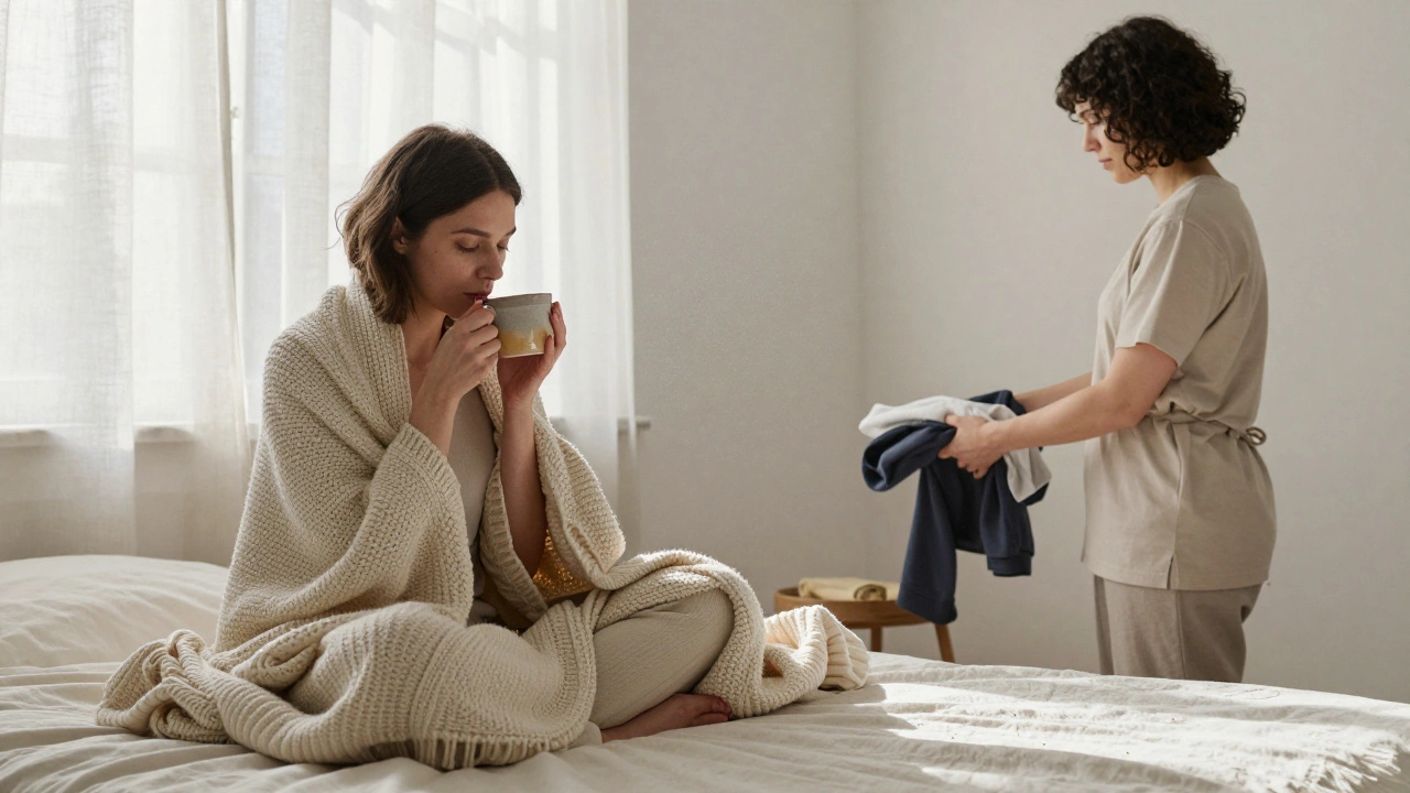 Someone resting on a bed with tea, while another quietly folds clothes in calm morning light.
