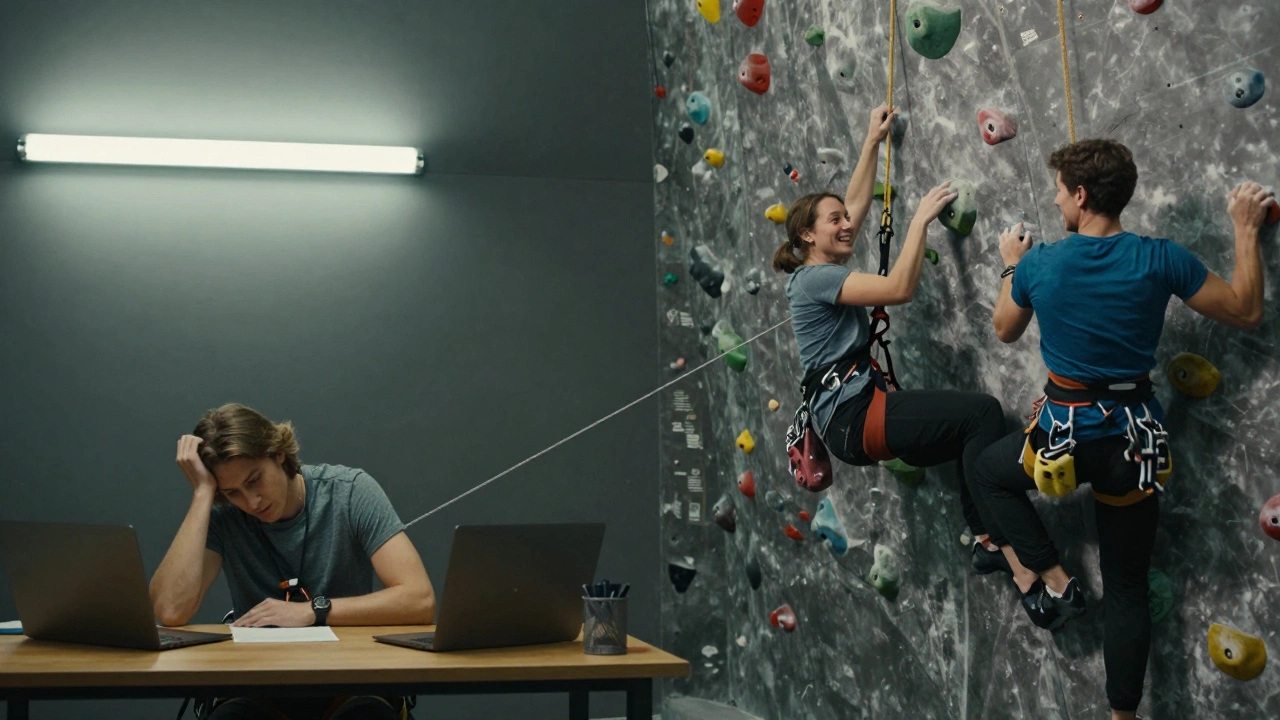 Split image showing a tired office worker transformed into someone climbing a rock wall with a supportive partner.