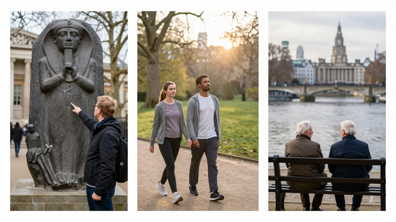 Three professional companions in London: guiding in a museum, walking in a park, and assisting an older adult.