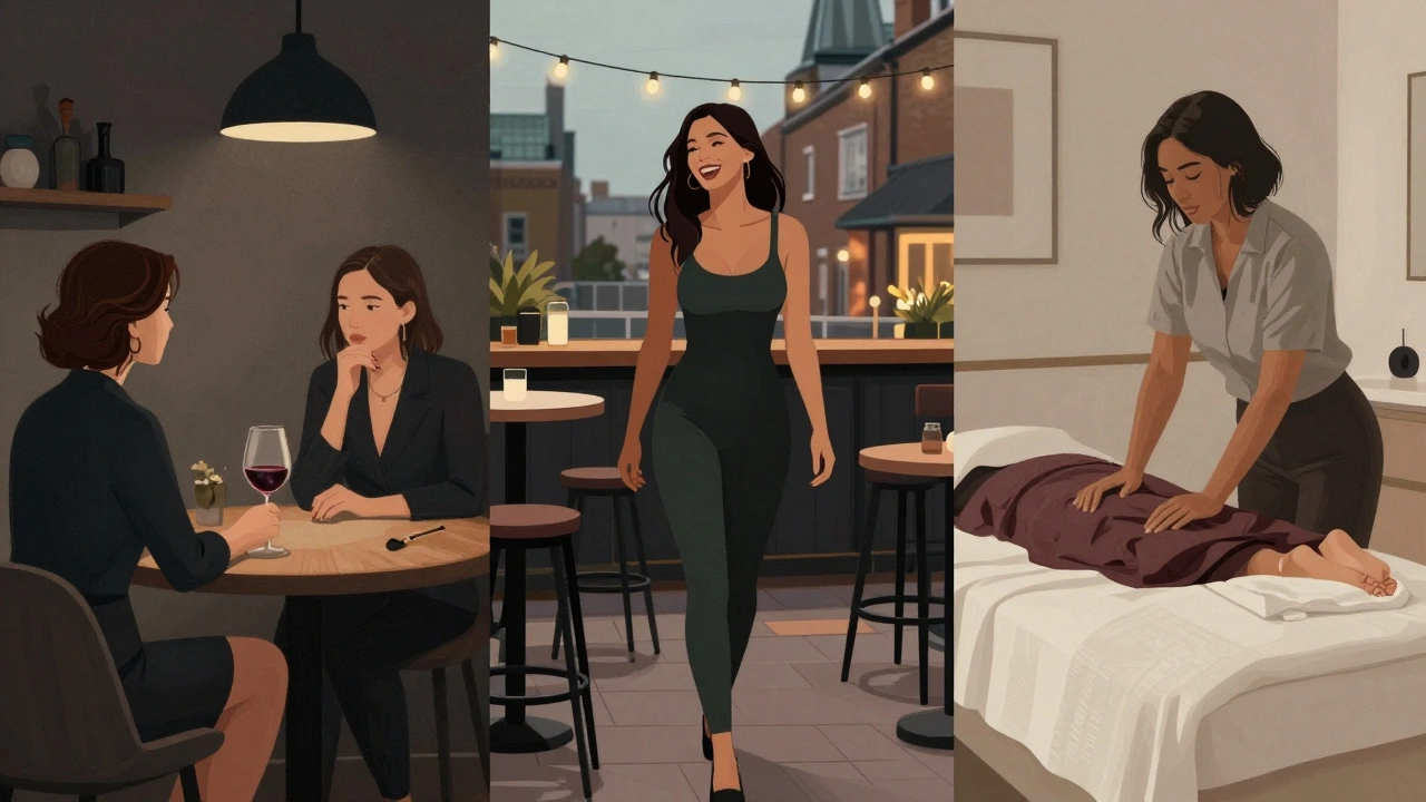 Three stylized scenes showing different escort experiences in London: quiet conversation, rooftop laughter, and a brief massage.