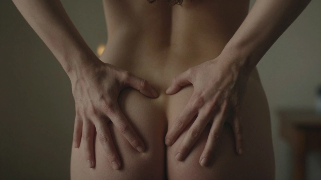 Two hands gently holding hips in a quiet, trusting gesture of intimate connection.