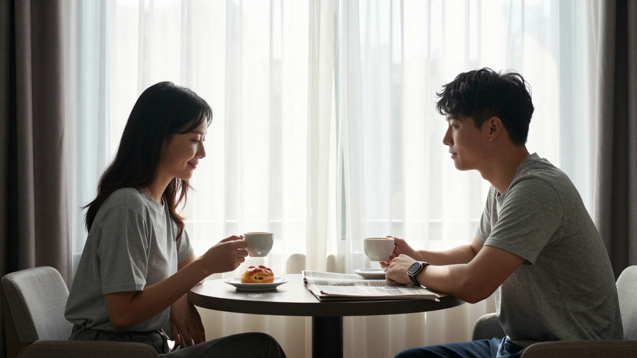 Two people share a quiet morning coffee in a hotel room, sunlight streaming through curtains.