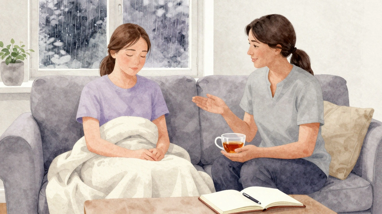 Two people sit together after a session, sharing tea in quiet aftercare, surrounded by calm intimacy.