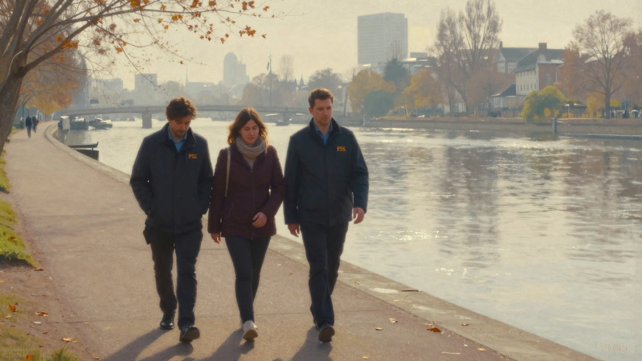 Two people walking peacefully along the Thames, sharing a calm, unspoken moment.