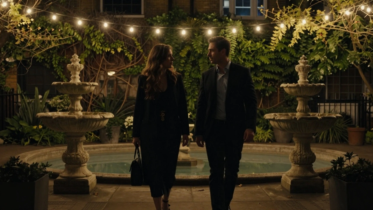 Two silhouettes walking together in a secluded garden courtyard at night, exuding quiet connection.