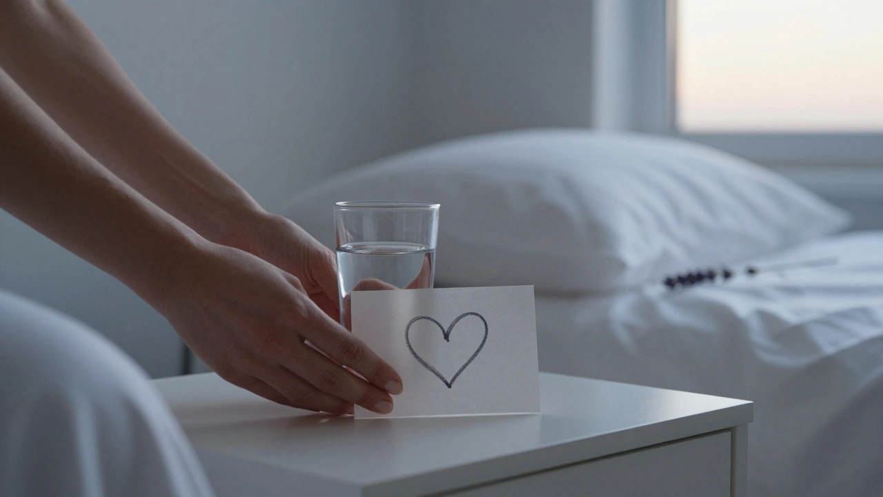 A dawn-lit nightstand with water, a folded note, and a lavender sprig after a restorative session.