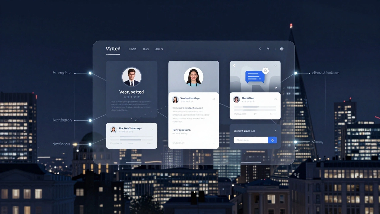 A glowing digital platform interface above London’s skyline, symbolizing secure escort bookings.