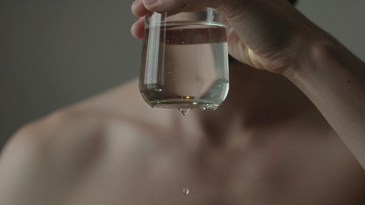 A hand holding a bottle above a shoulder, with droplets falling in soft light, emphasizing gentle intention.