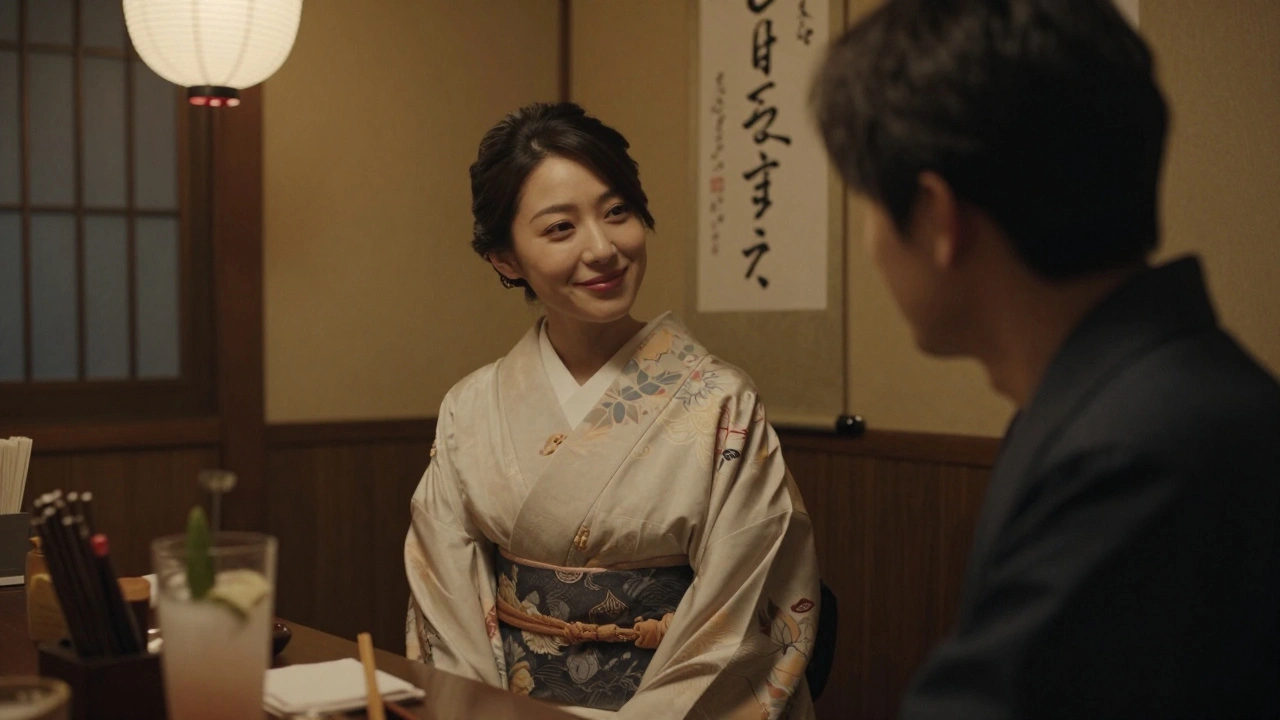 A Japanese hostess listening attentively to a client in a softly lit traditional bar, no sexual overtones.