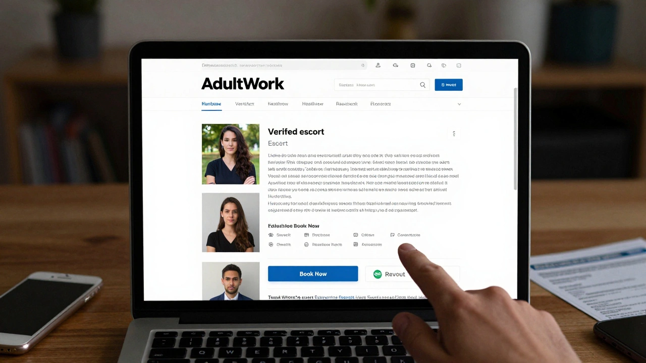 A laptop displaying a verified escort profile with reviews and secure booking options.