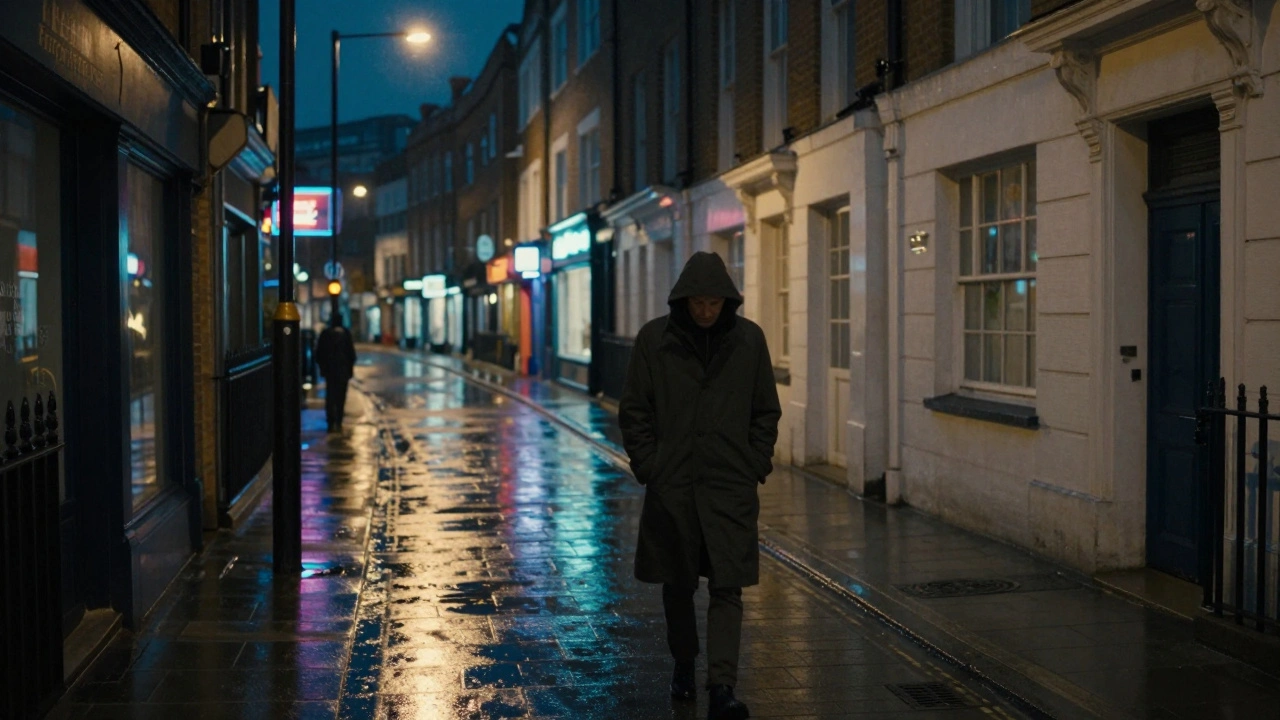 A lone figure walking away from an apartment building at night in rainy London, calm and reflective.
