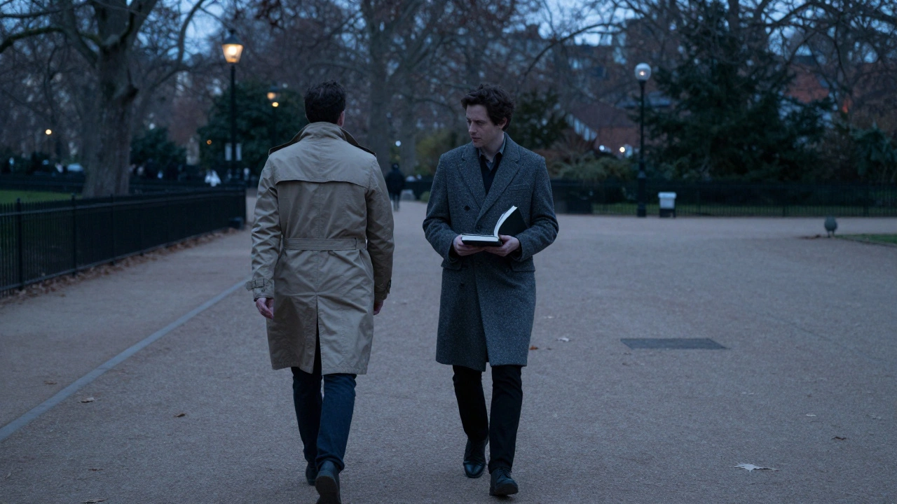 A man and woman walking side by side in a London park at dusk, engaged in thoughtful companionship.