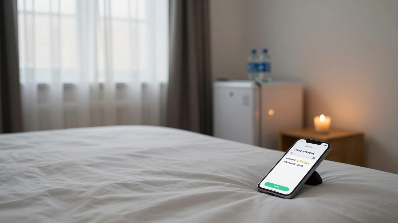 A peaceful, tidy apartment room with a phone showing a 5-star client review in morning light.