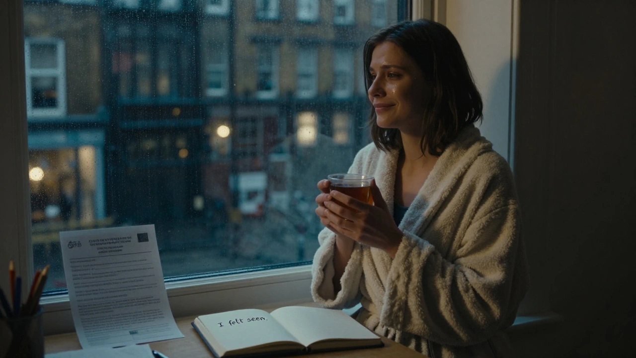 A person wrapped in a robe after a session, gazing at city lights, expressing quiet peace and emotional release.