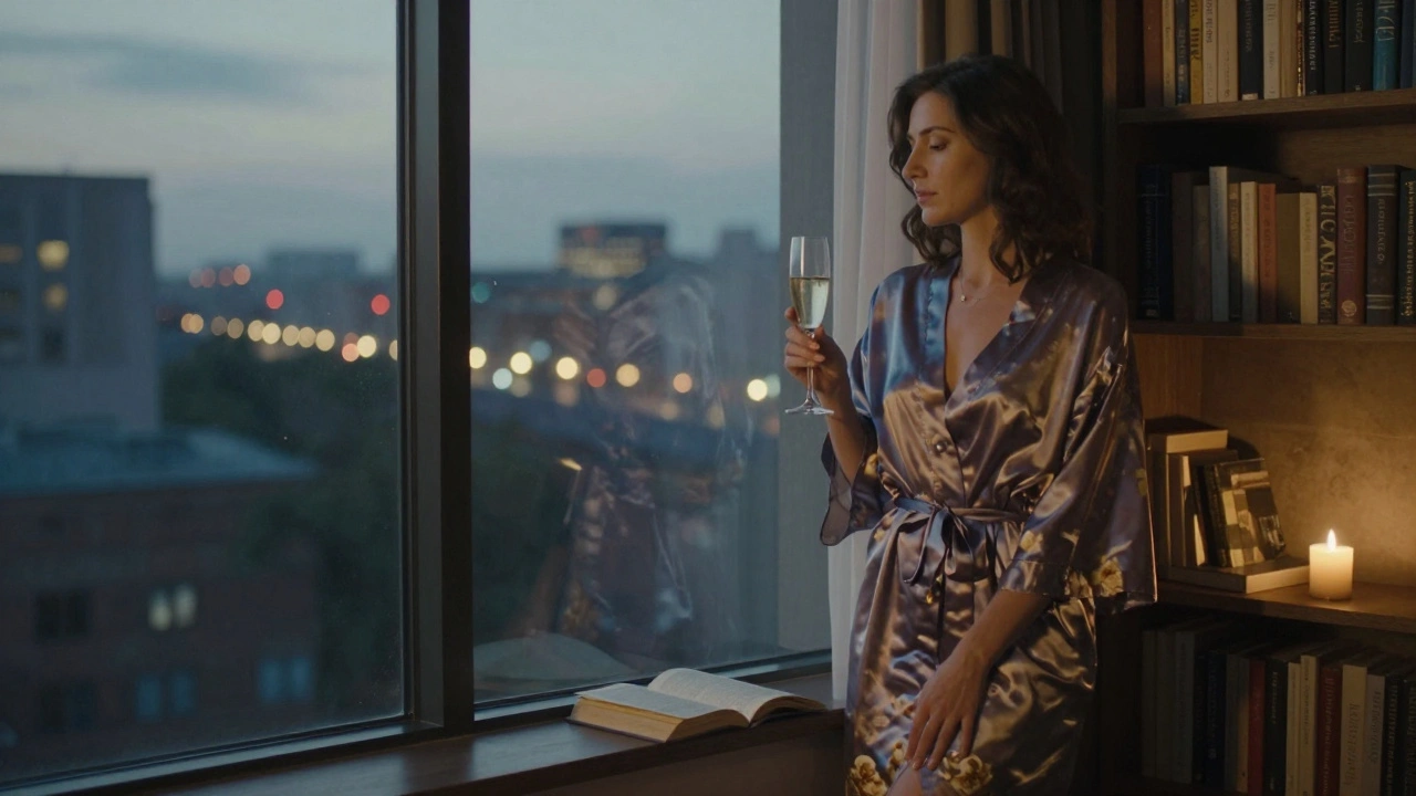 A petite woman in a silk robe standing by a window, city lights outside, candlelight inside.