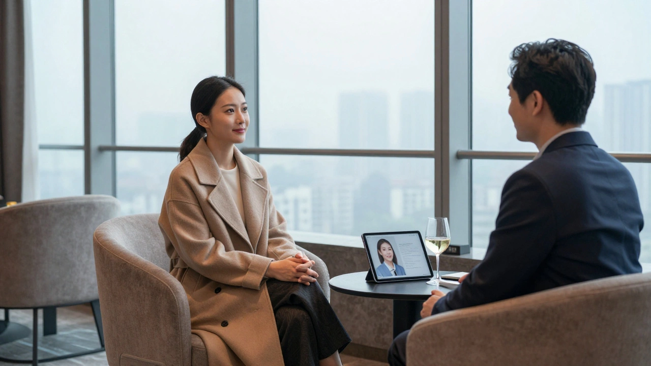 A professional companion and client in a calm hotel lounge, exuding trust and discretion.