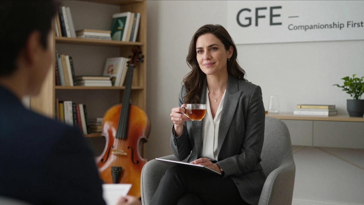 A professional escort and client sharing a calm, conversational moment in a stylish Mayfair apartment, focused on connection.