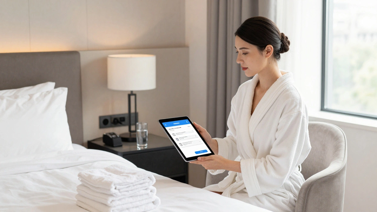 A professional escort sits calmly in a clean hotel room, reviewing a booking on a tablet, soft natural light streaming in.