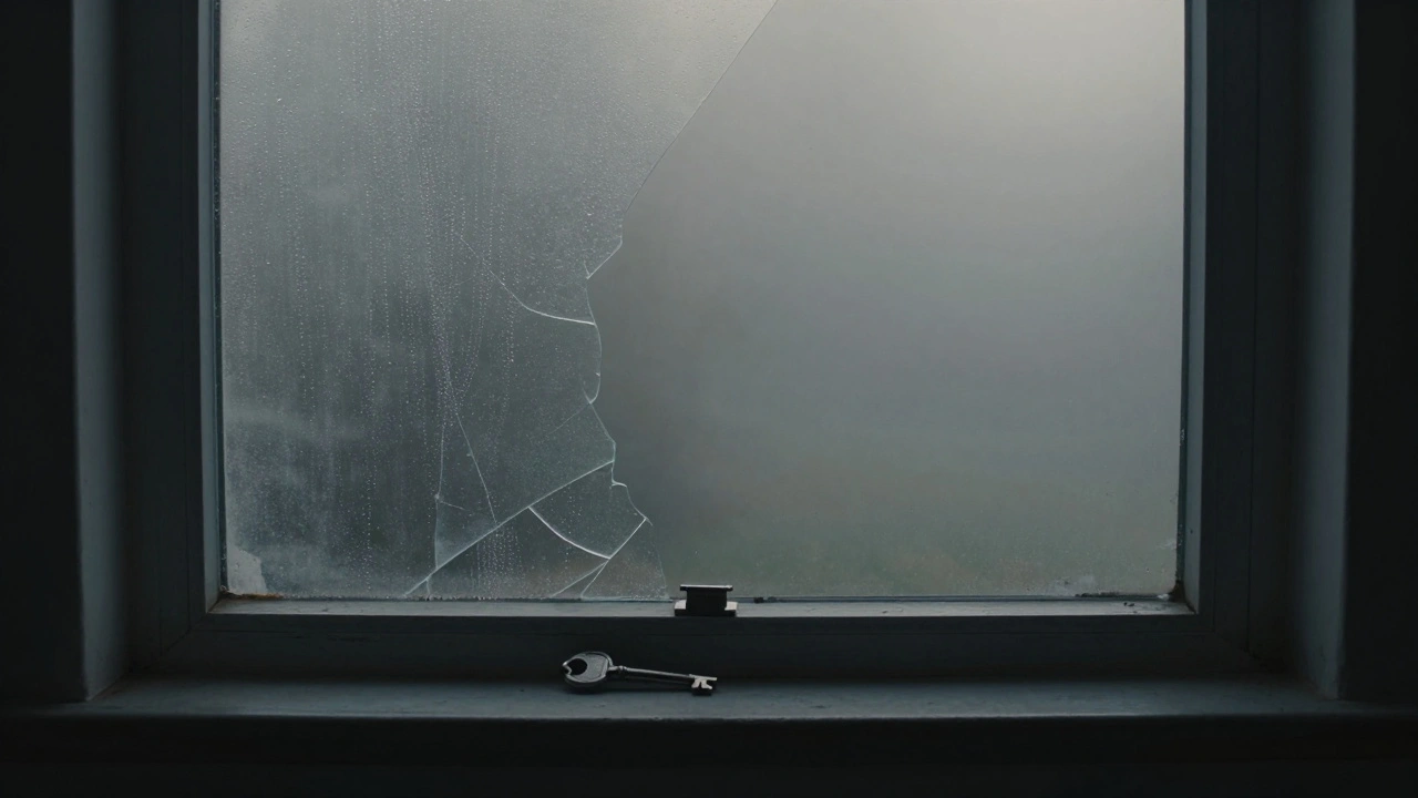 A shattered window at dawn with no people, only a key left on the sill in foggy silence.