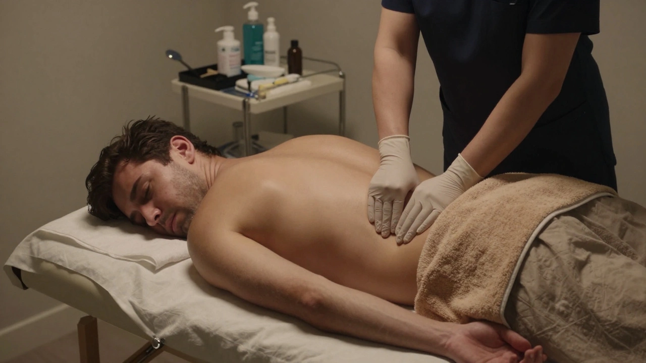 A trained practitioner performing a professional prostate massage on a patient in a quiet, clinical setting.