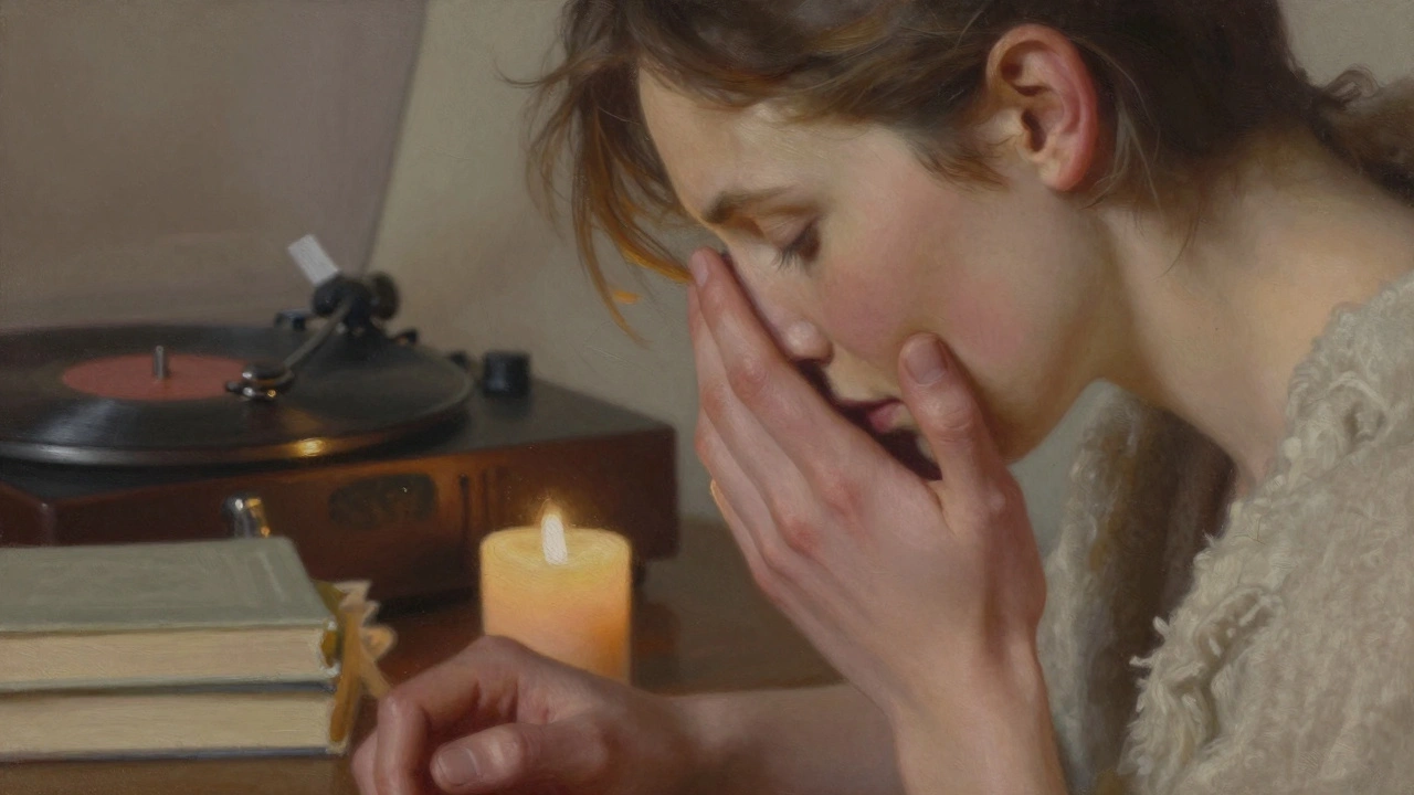 A woman gently touching a man's face, their foreheads nearly touching in quiet connection.