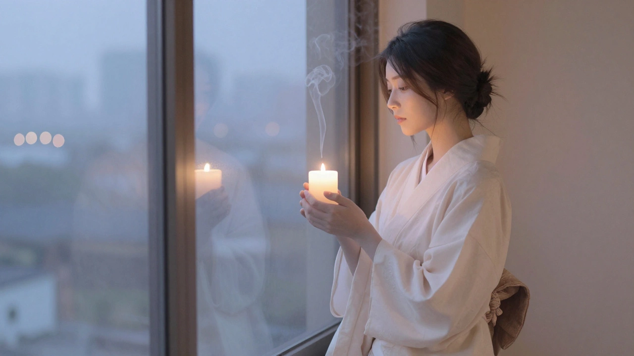 A woman holds a candle by a window, her reflection blending with city lights at night.