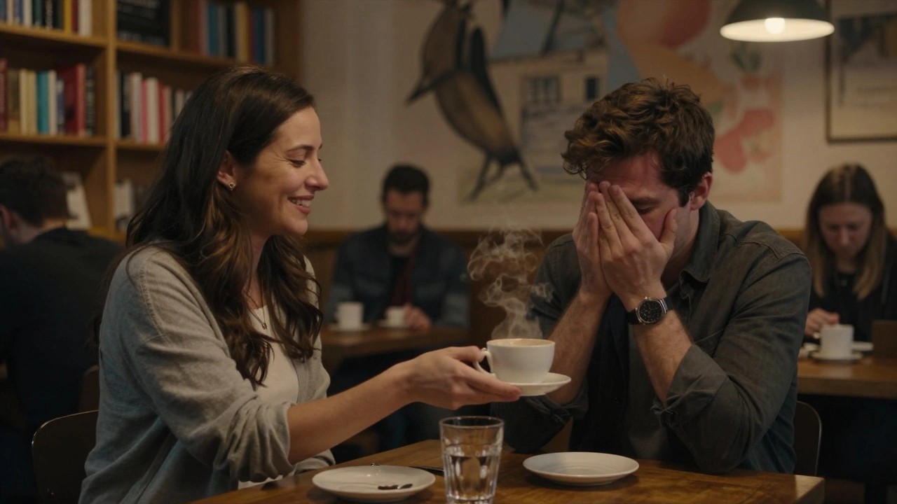 A woman offering tea to a man in a cozy Crouch End café, evening light streaming through windows.
