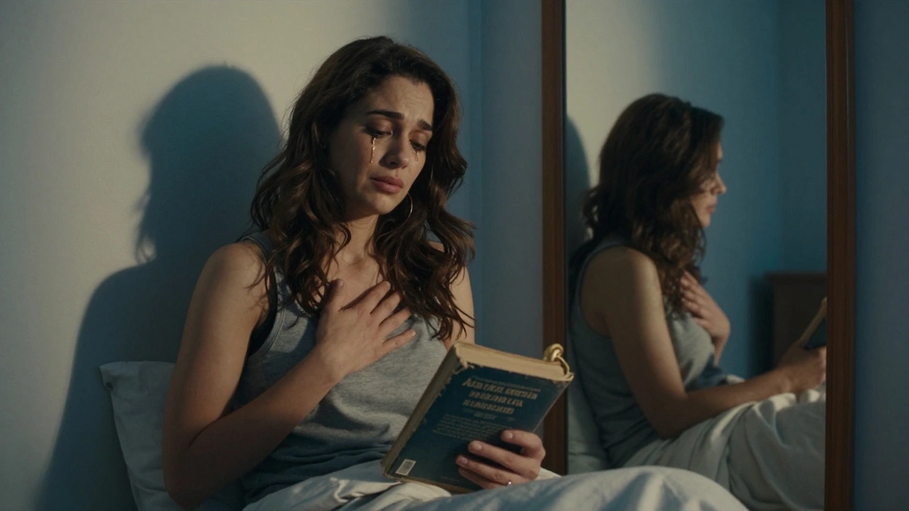 A woman reflecting alone in a bedroom, holding the Kamasutra, her mirror showing symbolic embrace.