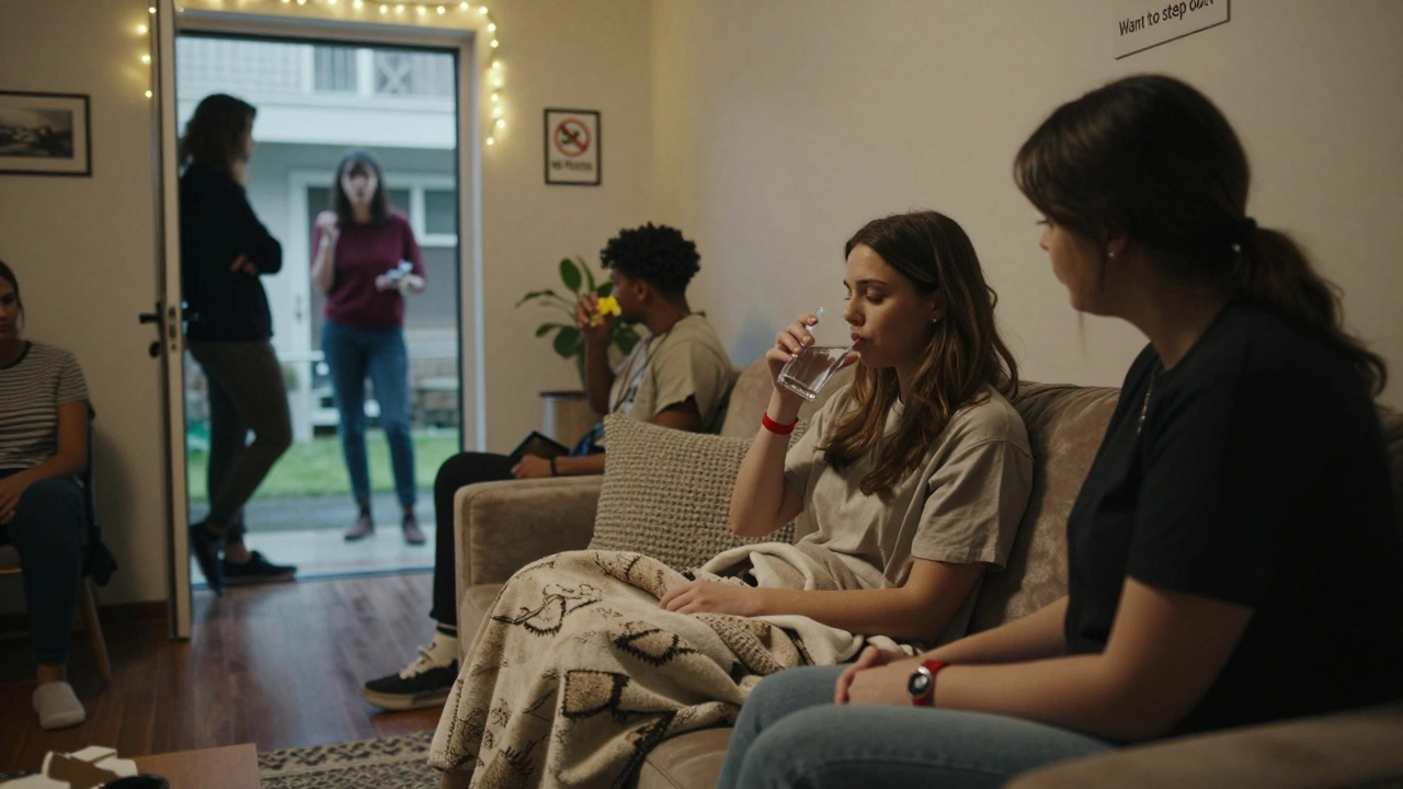 A woman sitting with a host who offers support, red wristband visible, in a peaceful, respectful environment.