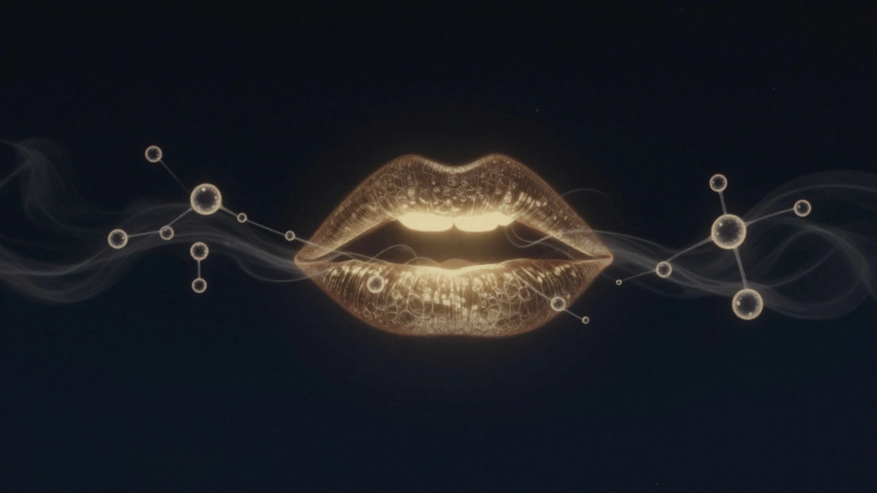 Abstract golden lips glowing with floating particles, symbolizing emotional bonding.