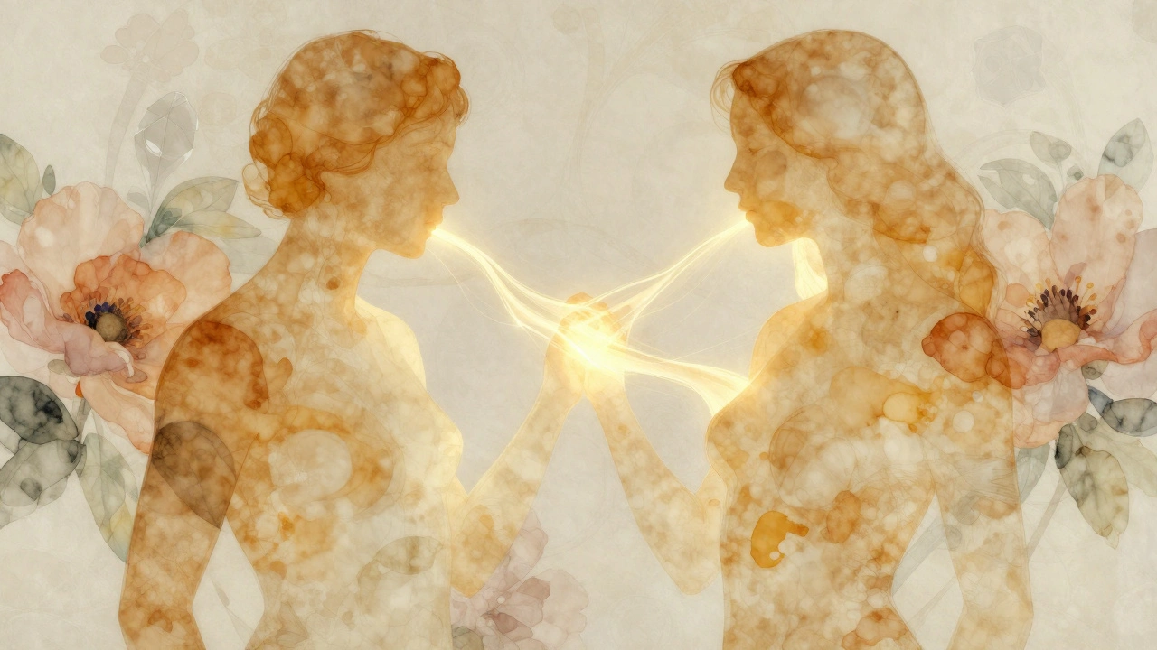 Abstract golden stream connecting two silhouettes, symbolizing emotional connection and vulnerability.