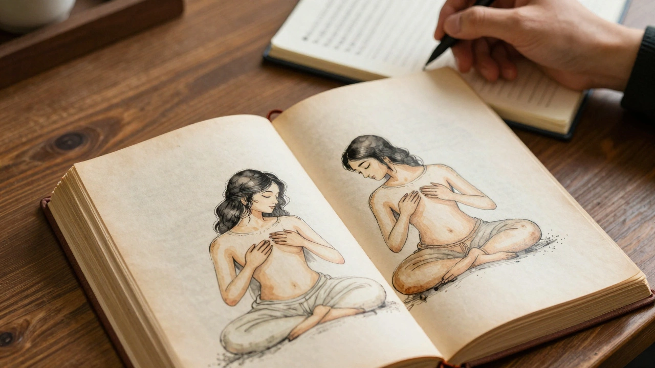 An ancient manuscript showing gentle embraces, with a modern hand writing reflections beside it.