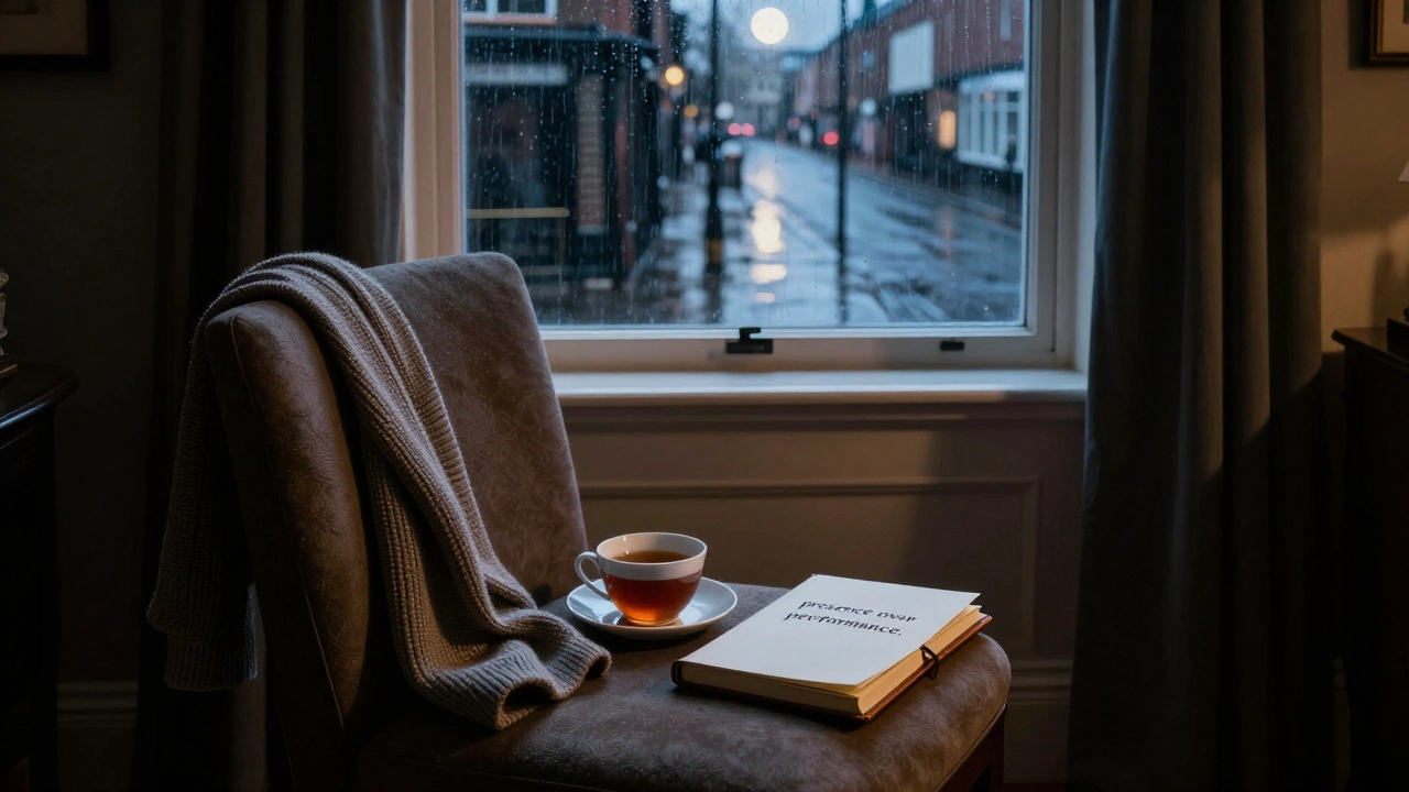 An empty chair in a serene room, with tea and journal symbolizing reflection after connection.