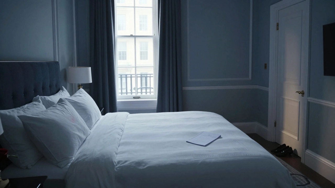 An empty hotel room at dawn, a rose and note on the nightstand, evoking a private moment passed.