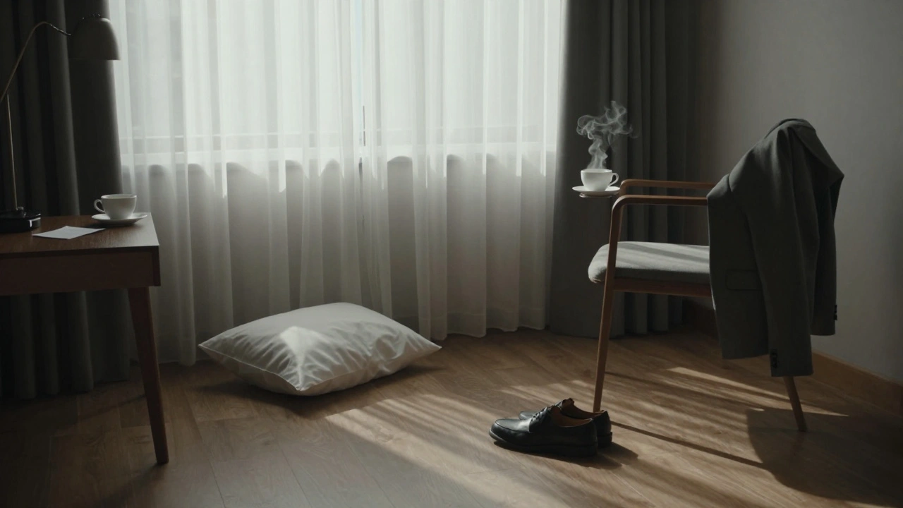 An empty hotel room at sunrise, with a teacup and folded note hinting at a quiet, meaningful night.