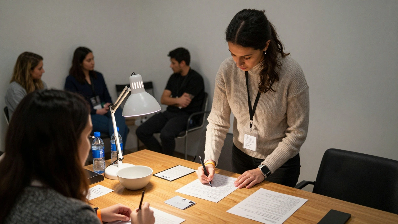 Attendees signing consent forms at a wooden table with IDs and wristbands nearby, in a calm, organized setting.