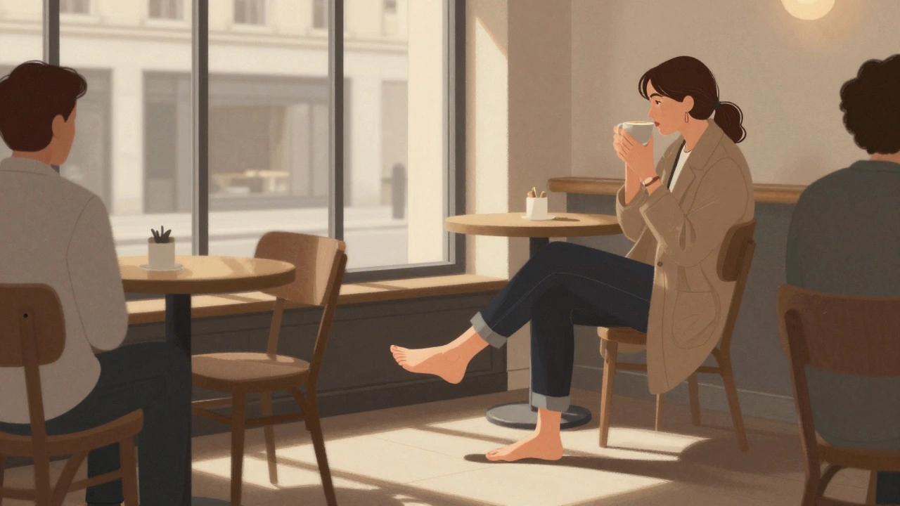 Bare feet resting on a café chair in Shoreditch, golden light streaming through windows.