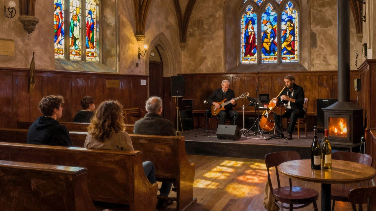 Couples seated in wooden pews at a church-turned-jazz-club, bathed in colored light from stained glass windows.