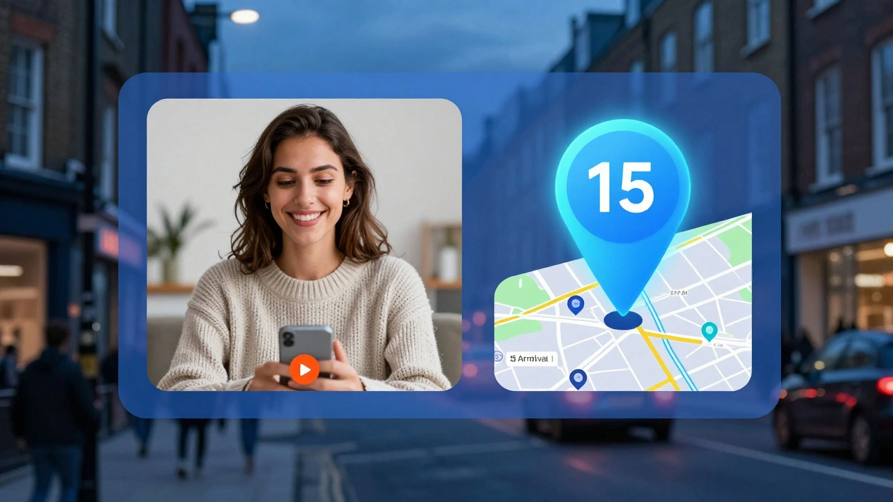 Digital split-screen showing a video call and real-time location map in an East London night scene.