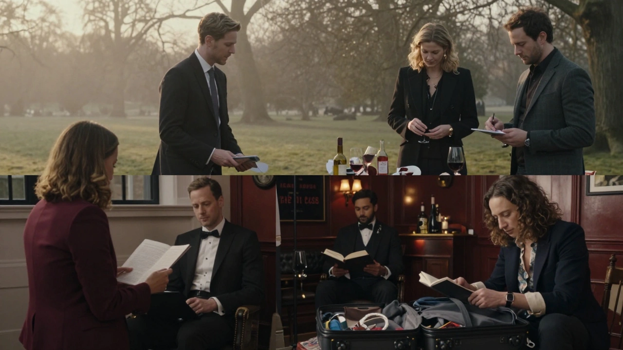 Four scenes of professional companions in London: guiding, dining, reading, and leaving at dawn.
