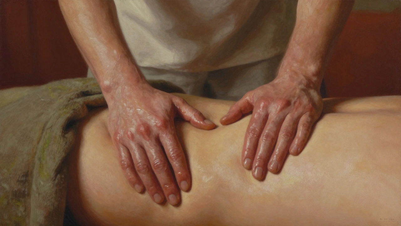 Gentle hands applying warm oil in a consensual, therapeutic touch during an erotic massage session.
