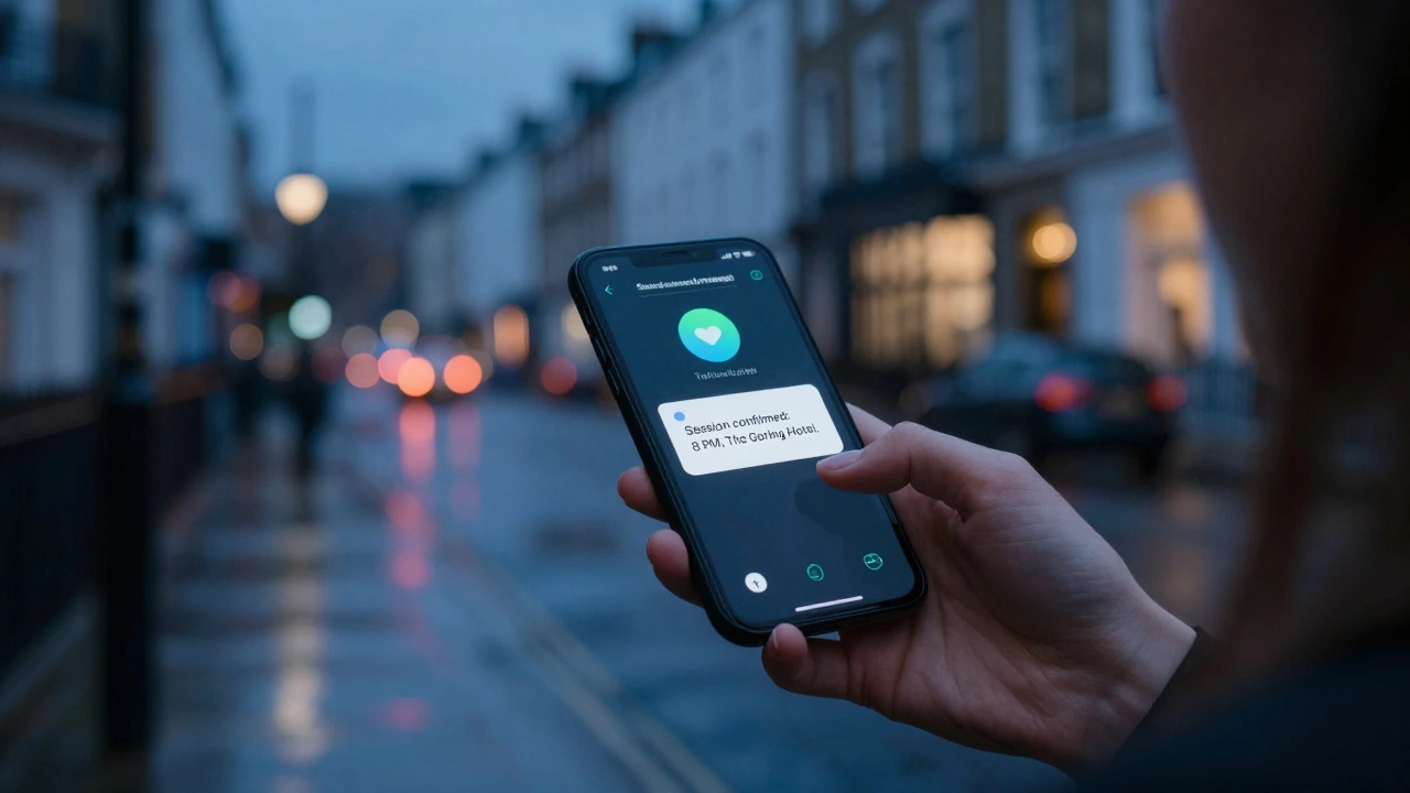Hand holding a privacy app with session confirmation, city lights blurred in the background.
