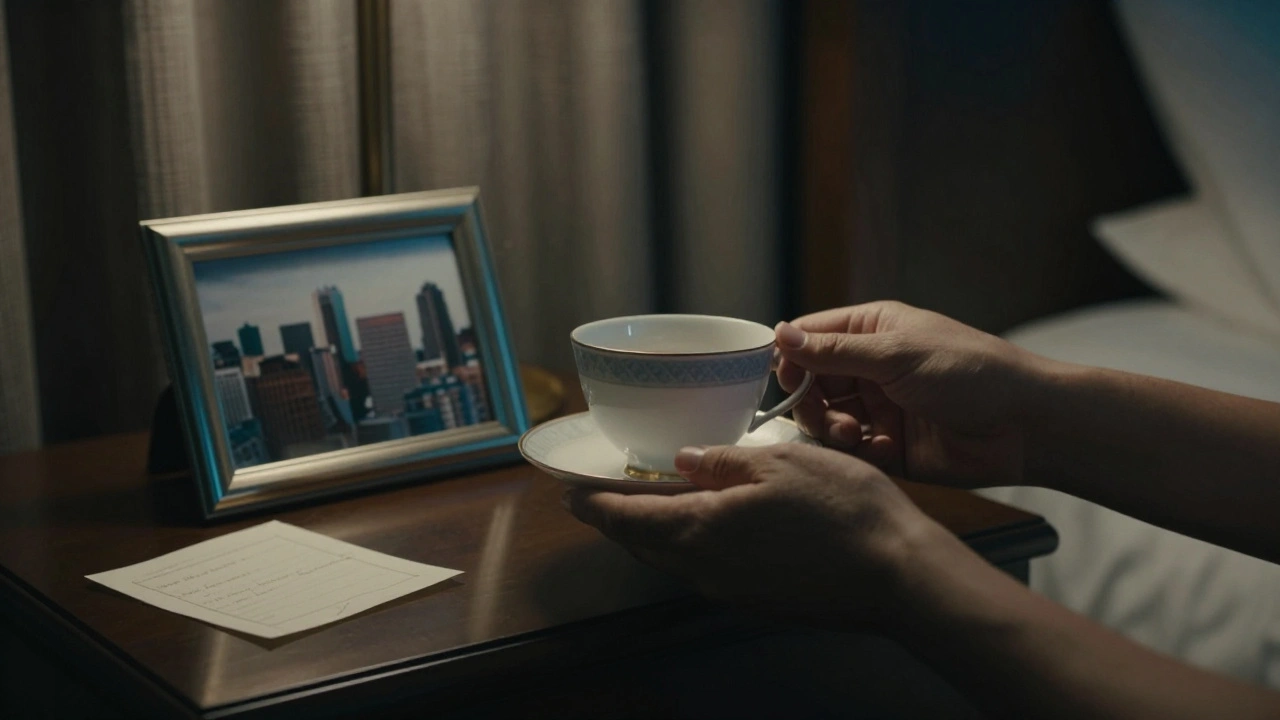 Hands exchanging a teacup in a dim hotel room, with boundaries noted nearby.
