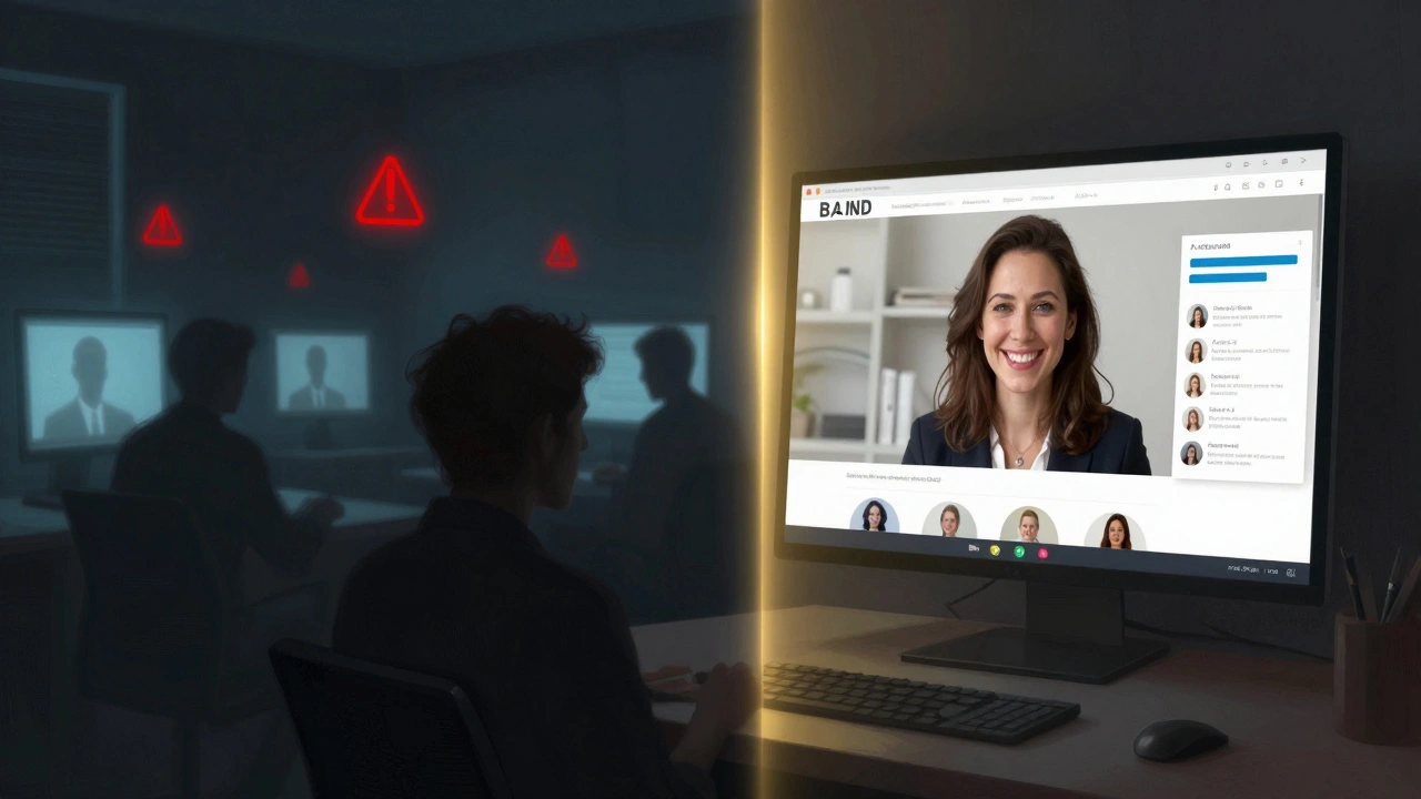 Split image: chaotic shadowy brothel scene on left, calm verified escort video call on right, symbolizing safety choices.