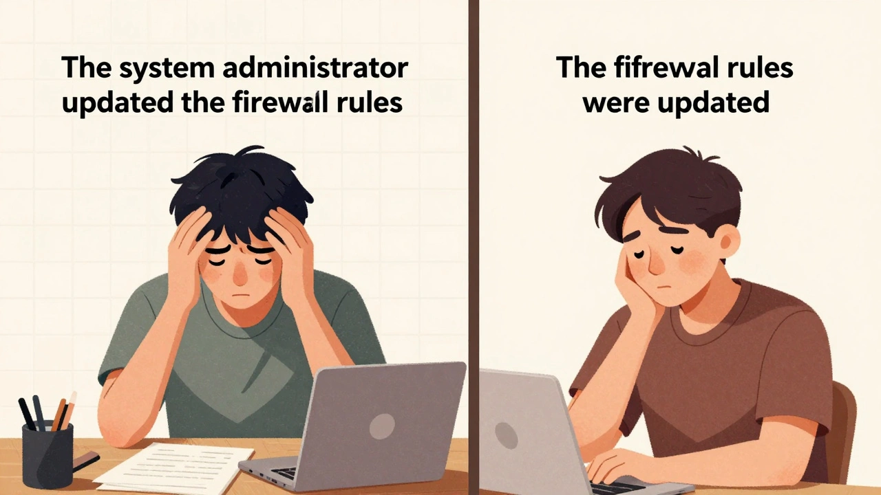 Split-screen showing confused user with active voice vs. confident user with passive voice documentation.