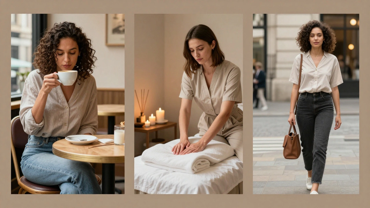 Three professional women in London settings: café, spa, and art gallery, representing varied escort services.