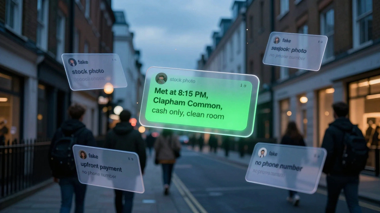 Transparent review cards float above a London street at dusk, one glowing green with verified details.