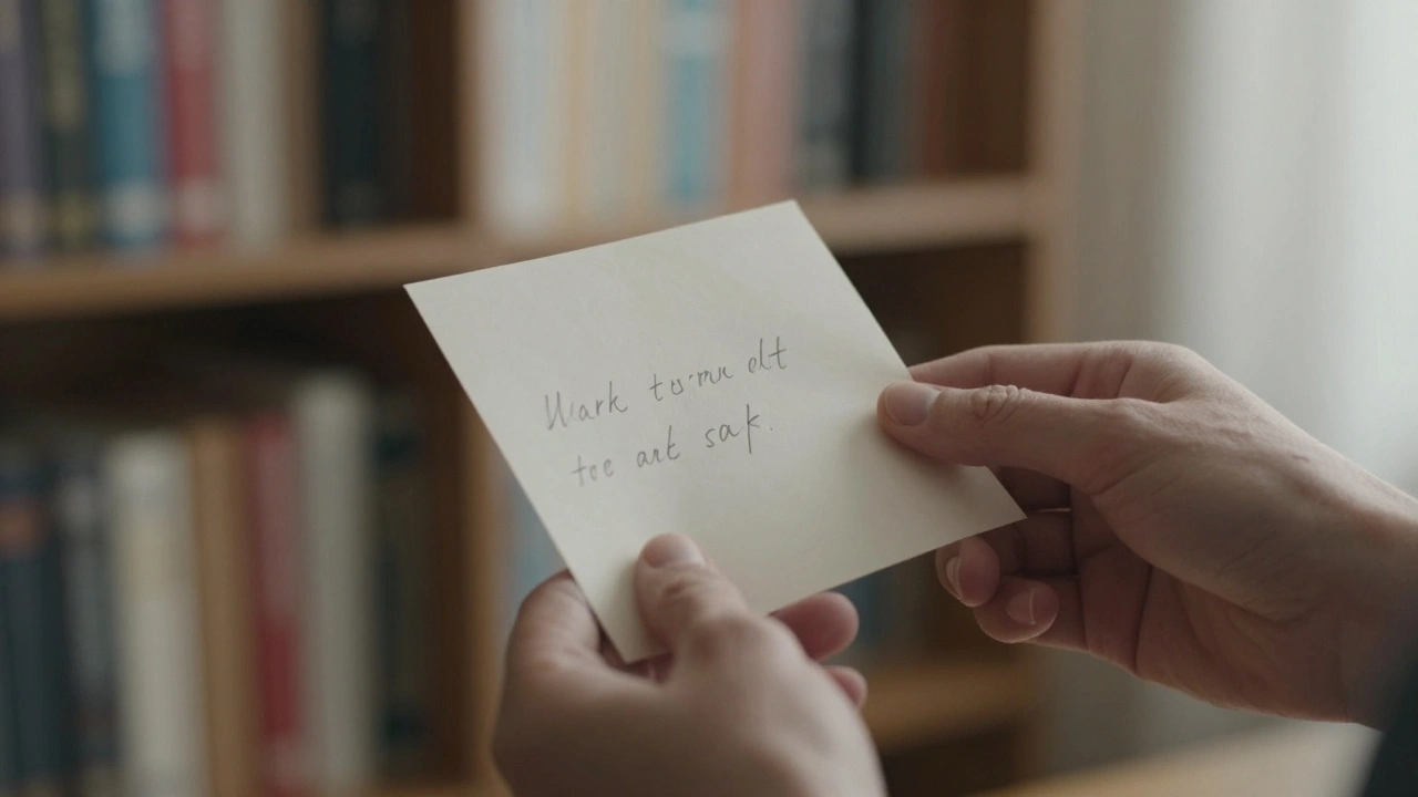 Two hands exchanging a handwritten note, soft light highlighting the moment of quiet connection.