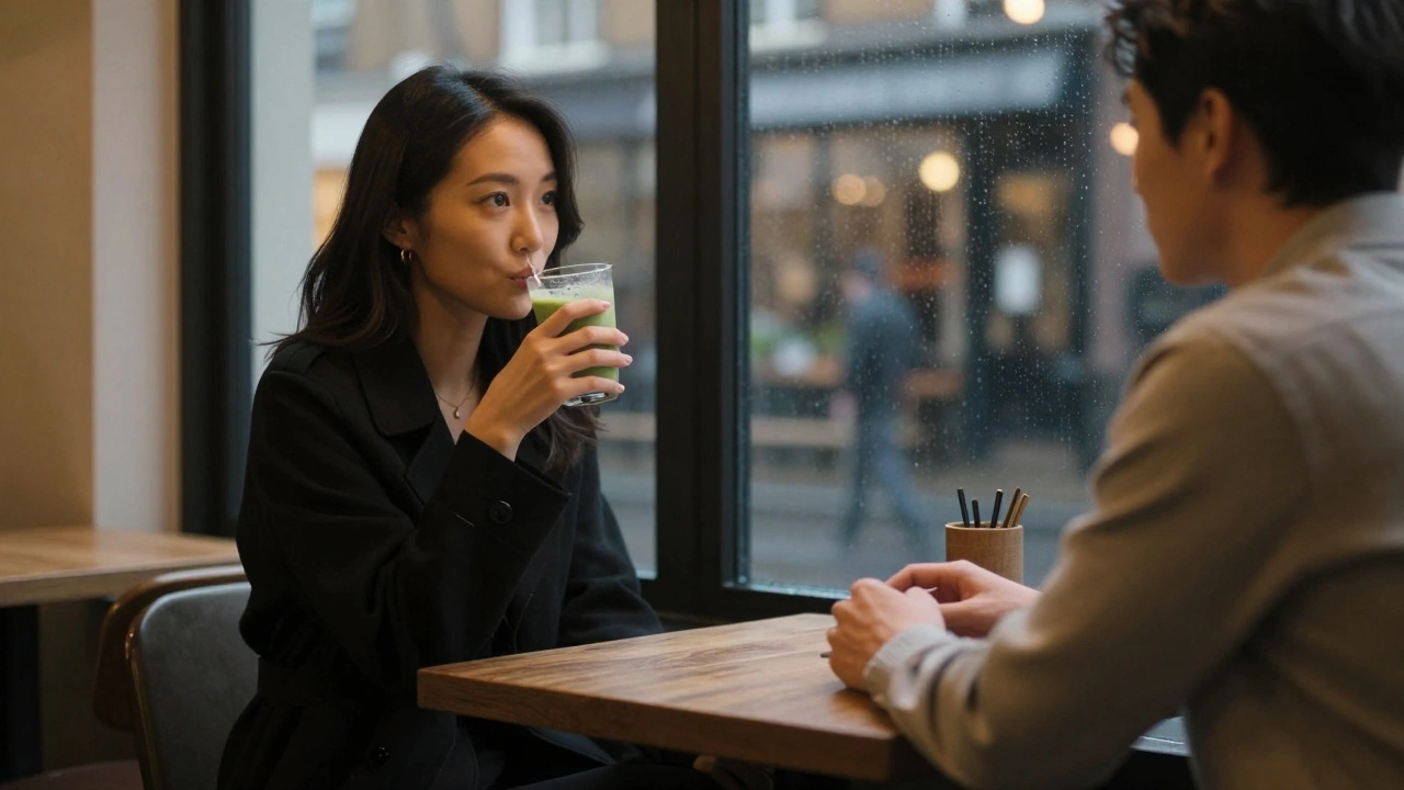 Two people sit quietly in a London café at dusk, sharing a moment without words.
